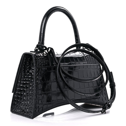 Balenciaga Shiny Calfskin Monochrome Crocodile Embossed Small Hourglass Top Handle Bag Black 3 of 16