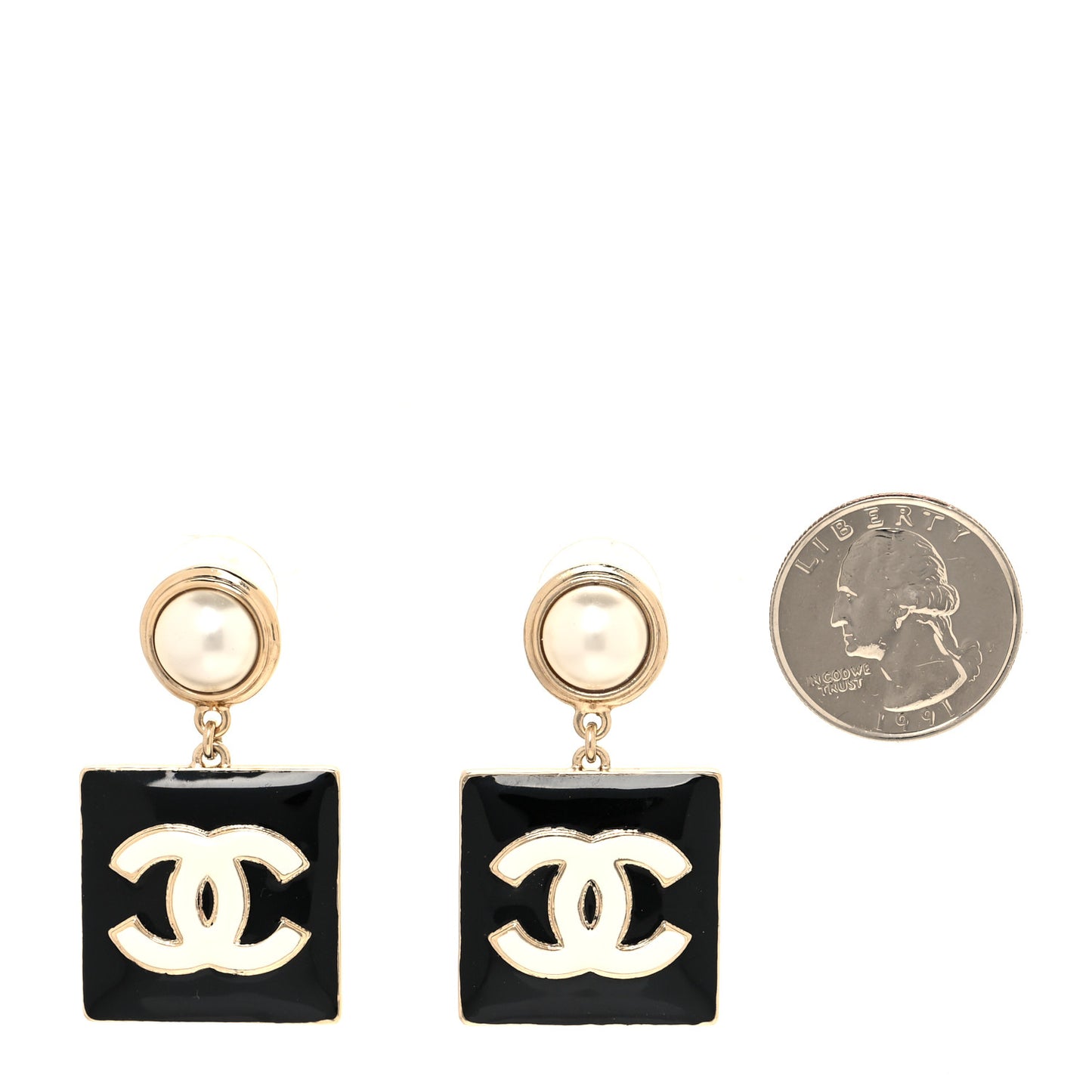 Metal Resin Pearl CC Drop Earrings Gold Black White