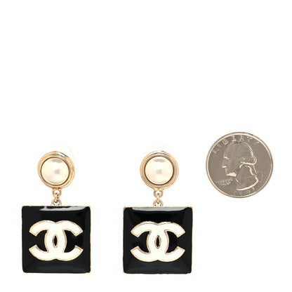 Chanel Metal Resin Pearl CC Drop Earrings Gold Black White 2 of 4