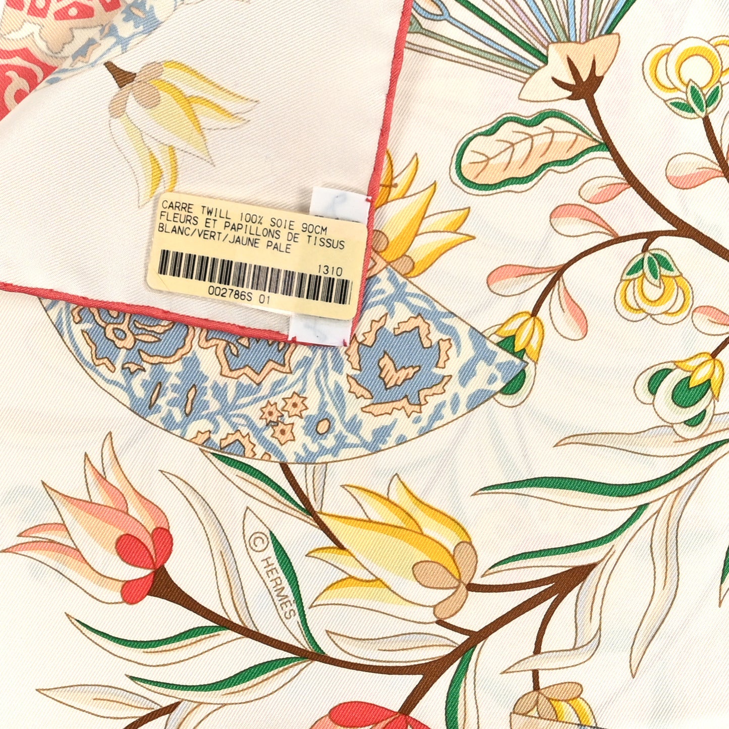 Silk Fleurs et Papillons de Tissus Scarf 90 Blanc Vert Jaune Pale