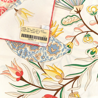 Hermes Silk Fleurs et Papillons de Tissus Scarf 90 Blanc Vert Jaune Pale 3 of 3