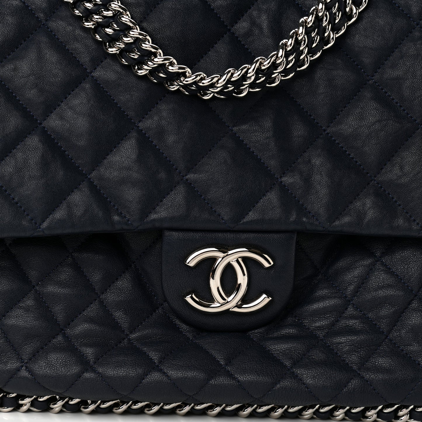 Washed Lambskin Quilted Chain Around Maxi Flap Dark Navy Blue