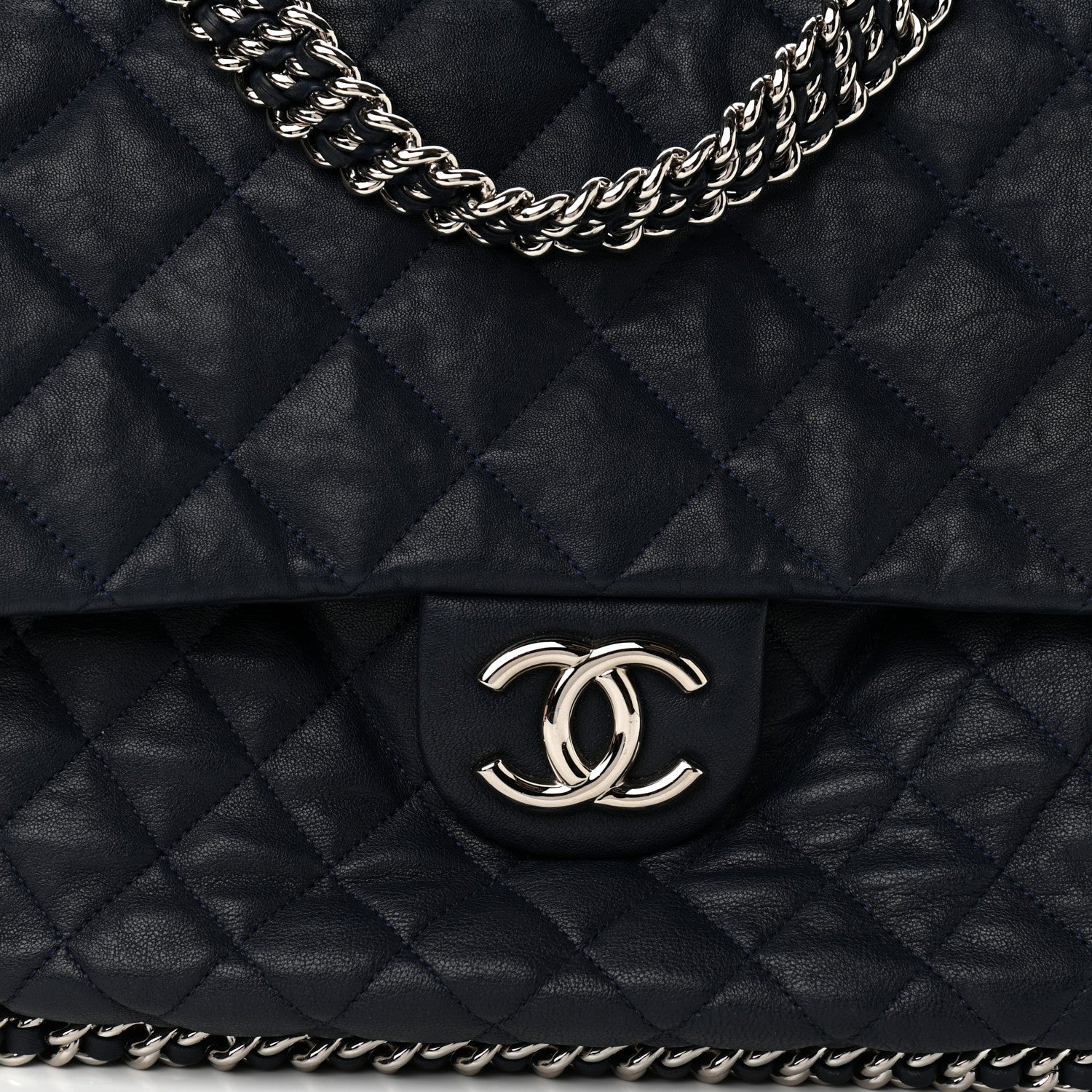Chanel Washed Lambskin Quilted Chain Around Maxi Flap Dark Navy Blue 8 of 11