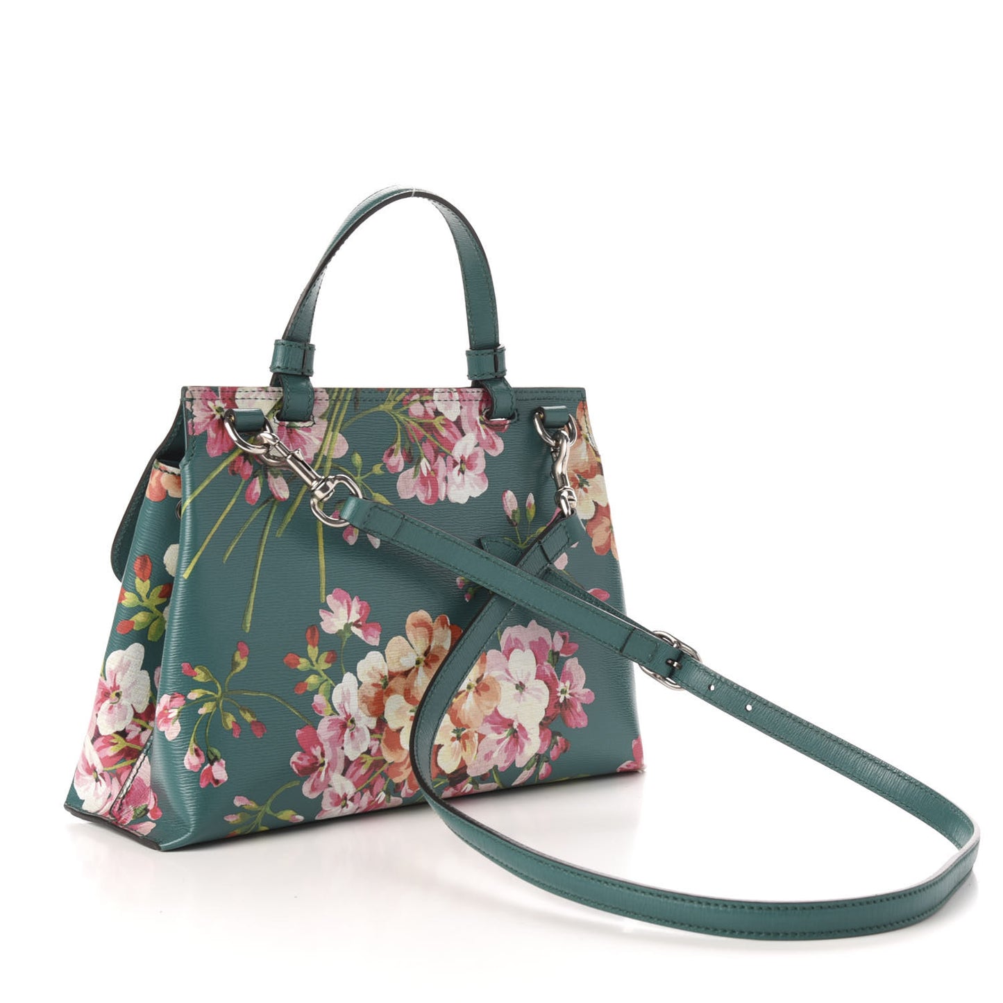 Shangai Calfskin Blooms Print Small Bamboo Daily Top Handle Bag Clear Bright Emerald Multicolor