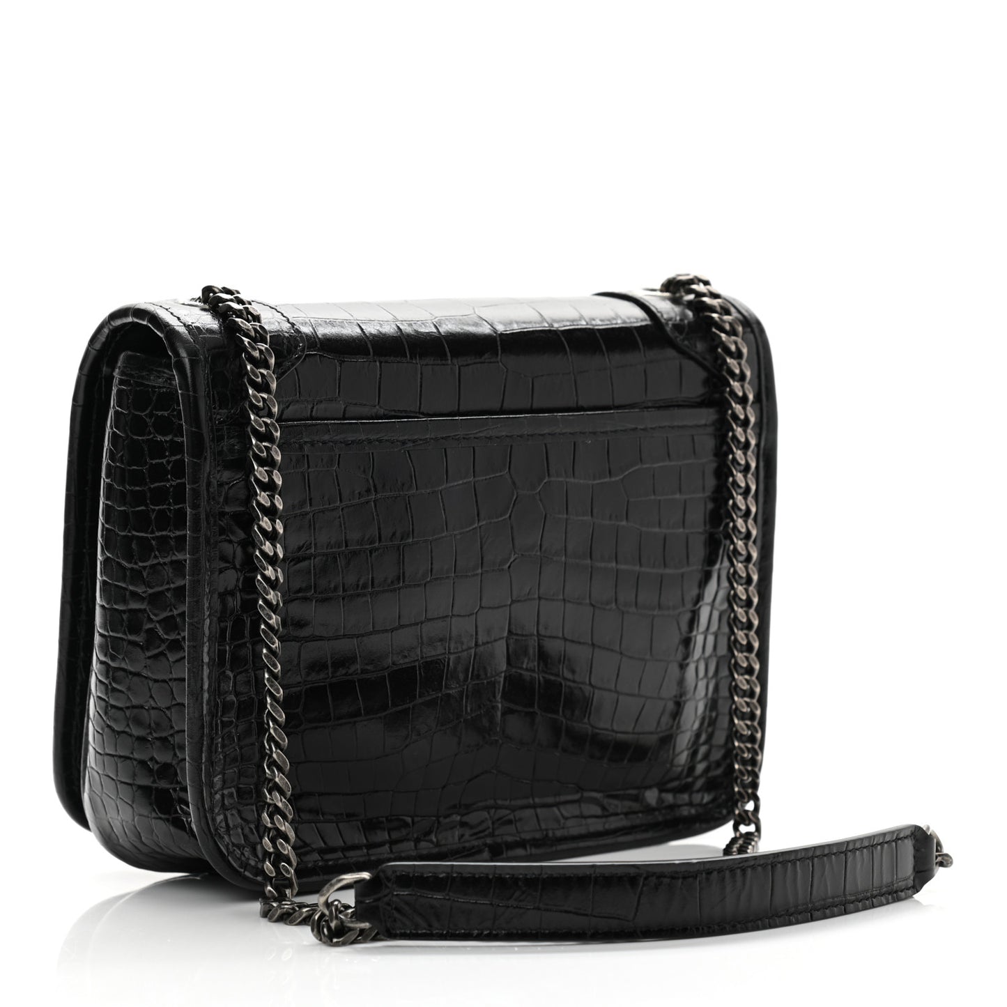 Crocodile Embossed Lambskin Matelasse Monogram Niki Chain Wallet Black