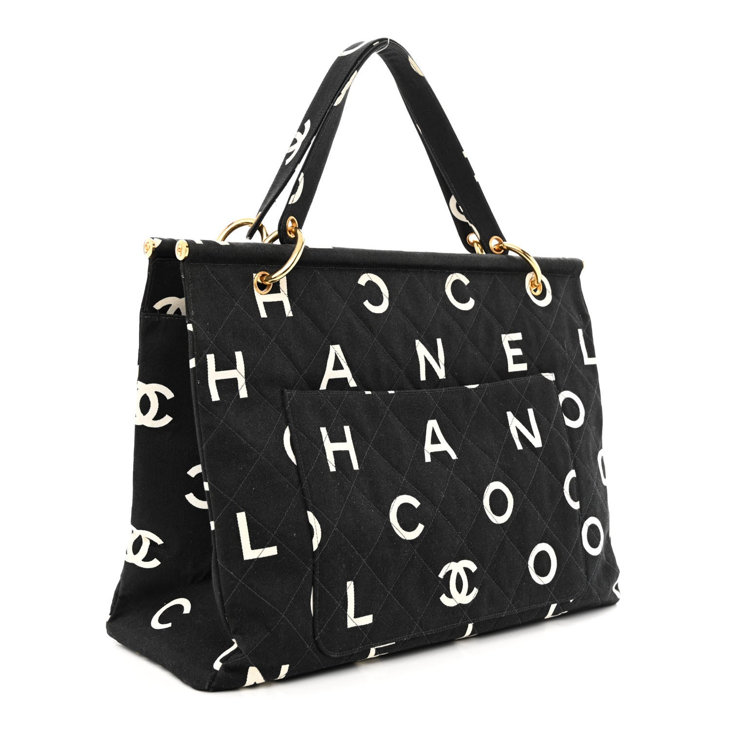 Chanel Canvas Printed Quilted Logo Tote Black White 3 of 11