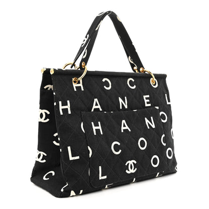 Chanel Canvas Printed Quilted Logo Tote Black White 3 of 11