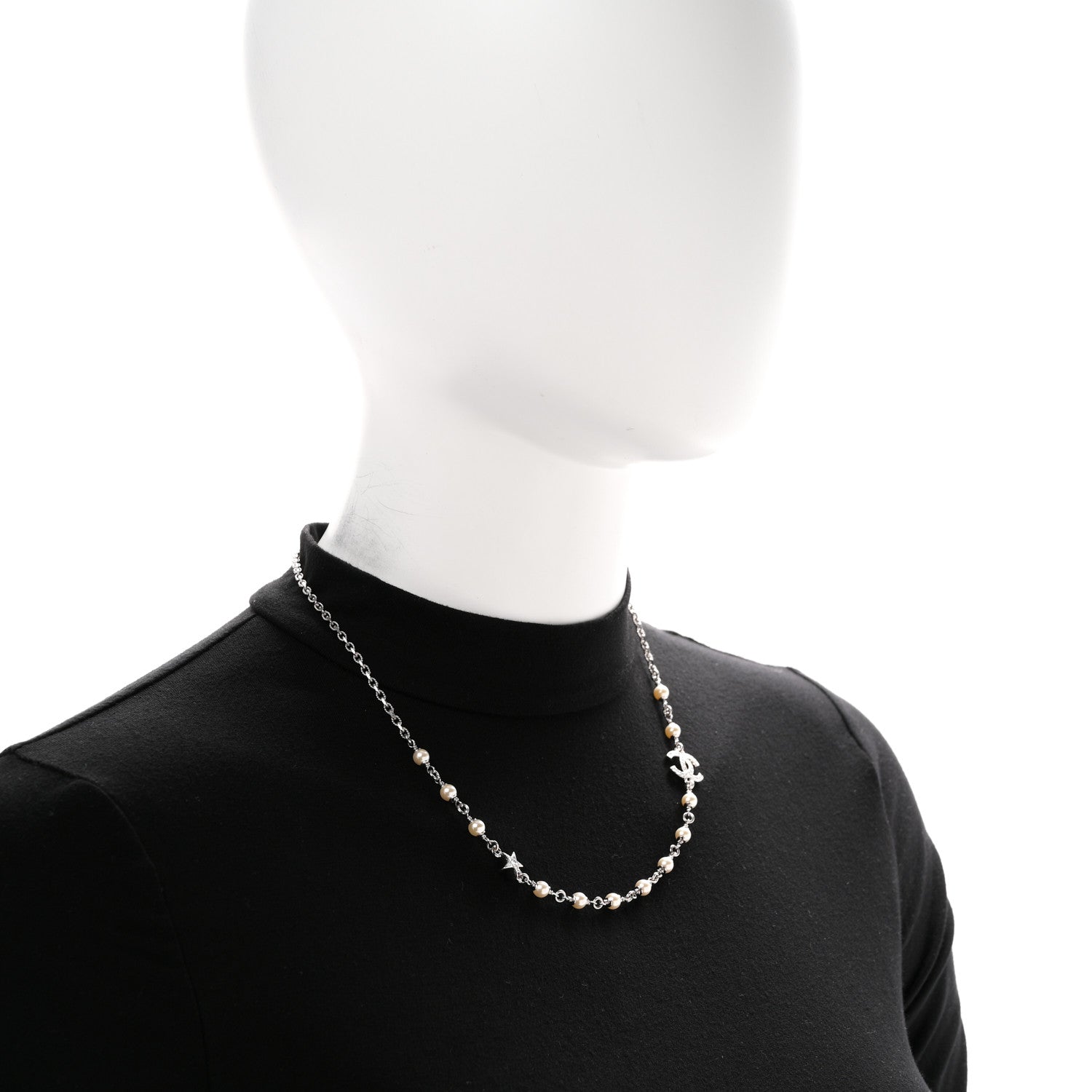 Chanel Crystal Pearl CC Star Necklace Silver 2 of 7