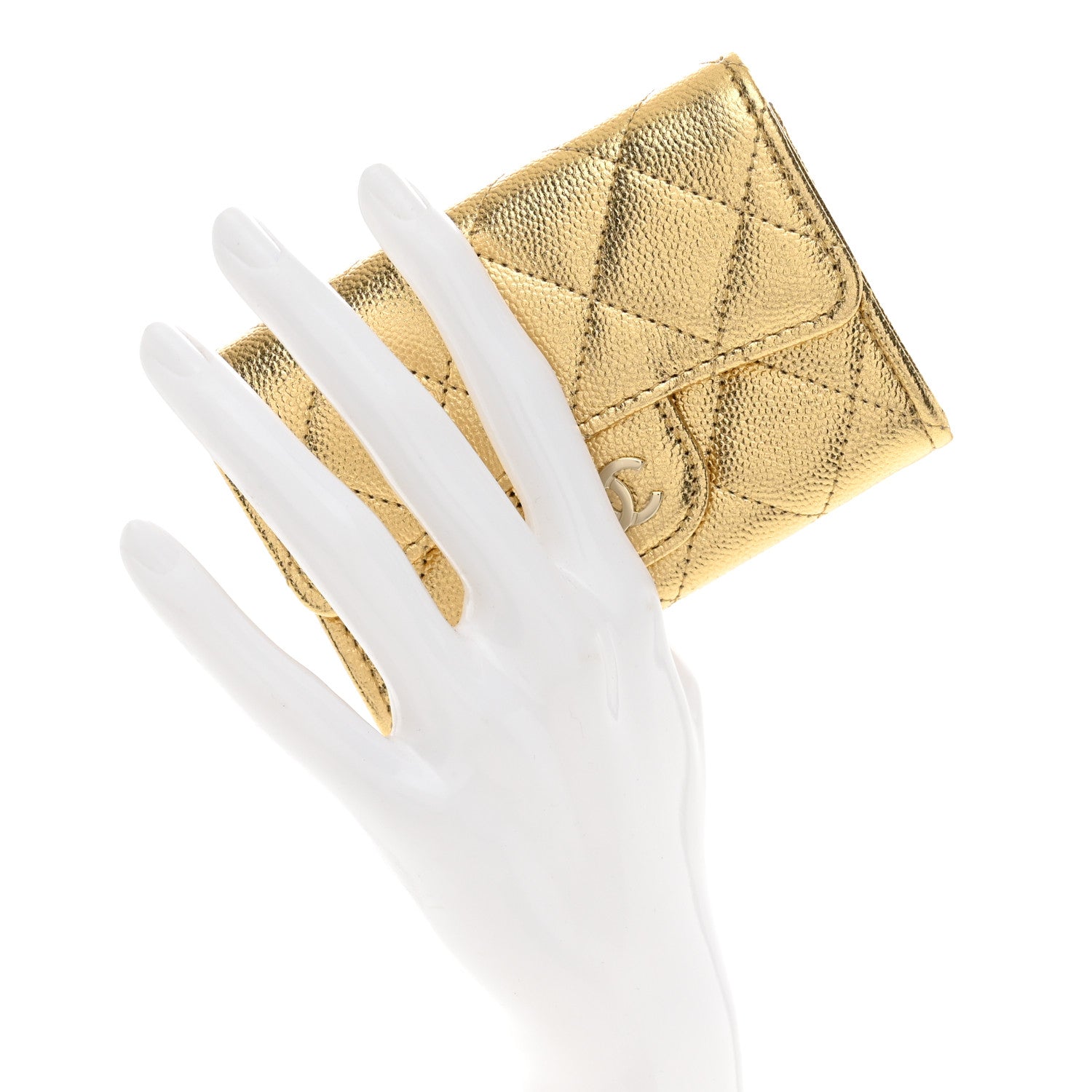 Chanel Metallic Caviar Quilted Flap Card Holder Wallet Gold 2 of 8