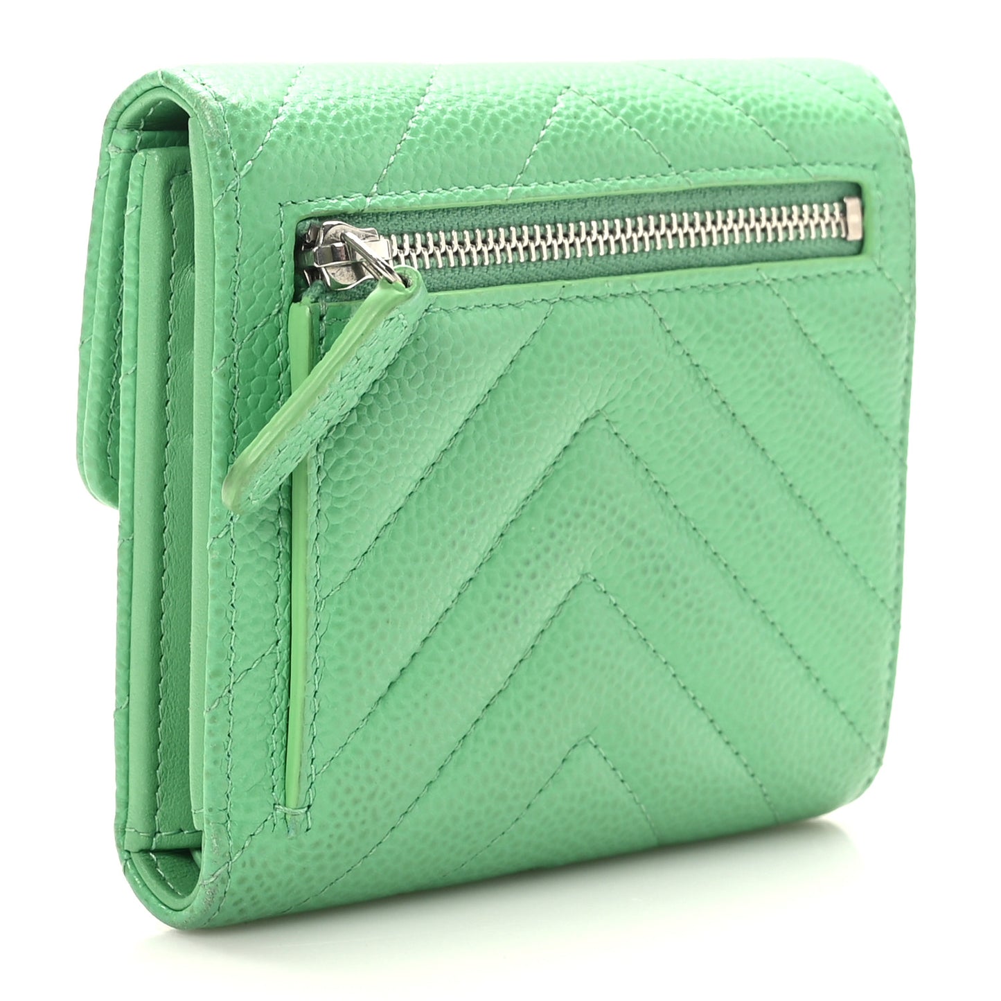 Caviar Flat Chevron Quilted Card Holder Wallet Green