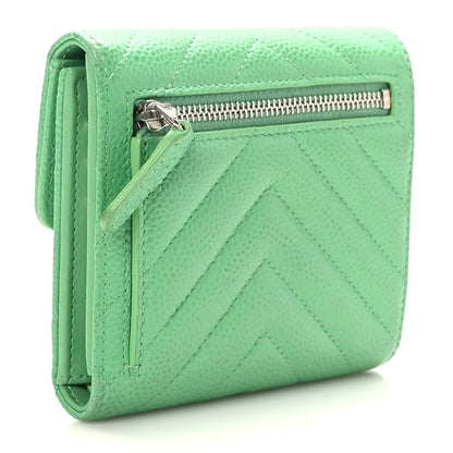 Chanel Caviar Flat Chevron Quilted Card Holder Wallet Green 3 of 7
