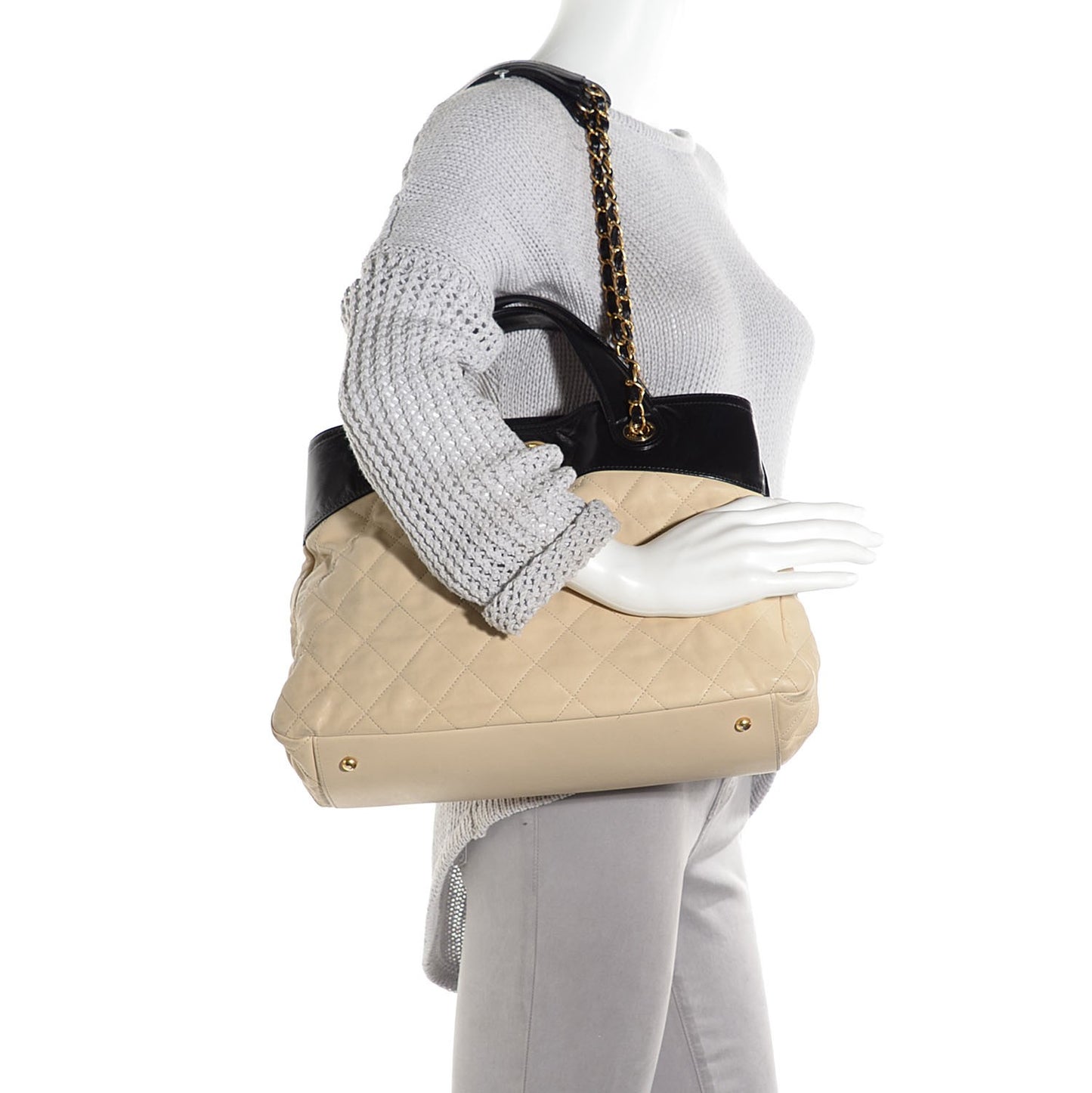 Calfskin In The Mix Shopping Tote Beige Black