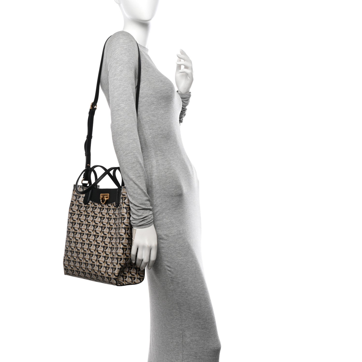 Salvatore Ferragamo Canvas Calfskin Gancini Tote Sand Black 2 of 11