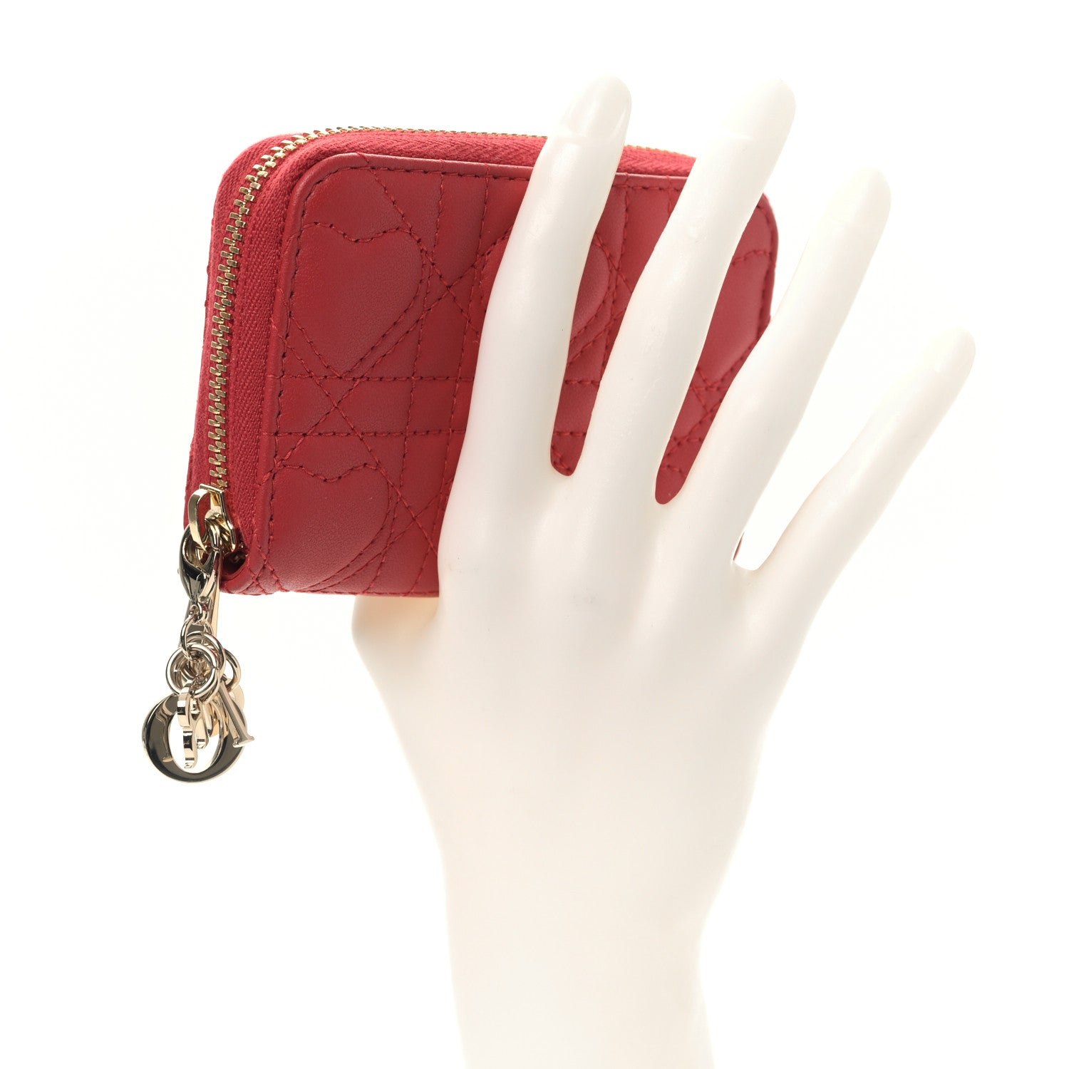 Christian Dior Lambskin Cannage Dioramour Small Lady Dior Voyageur Coin Purse Wallet Spicy Red 2 of 9