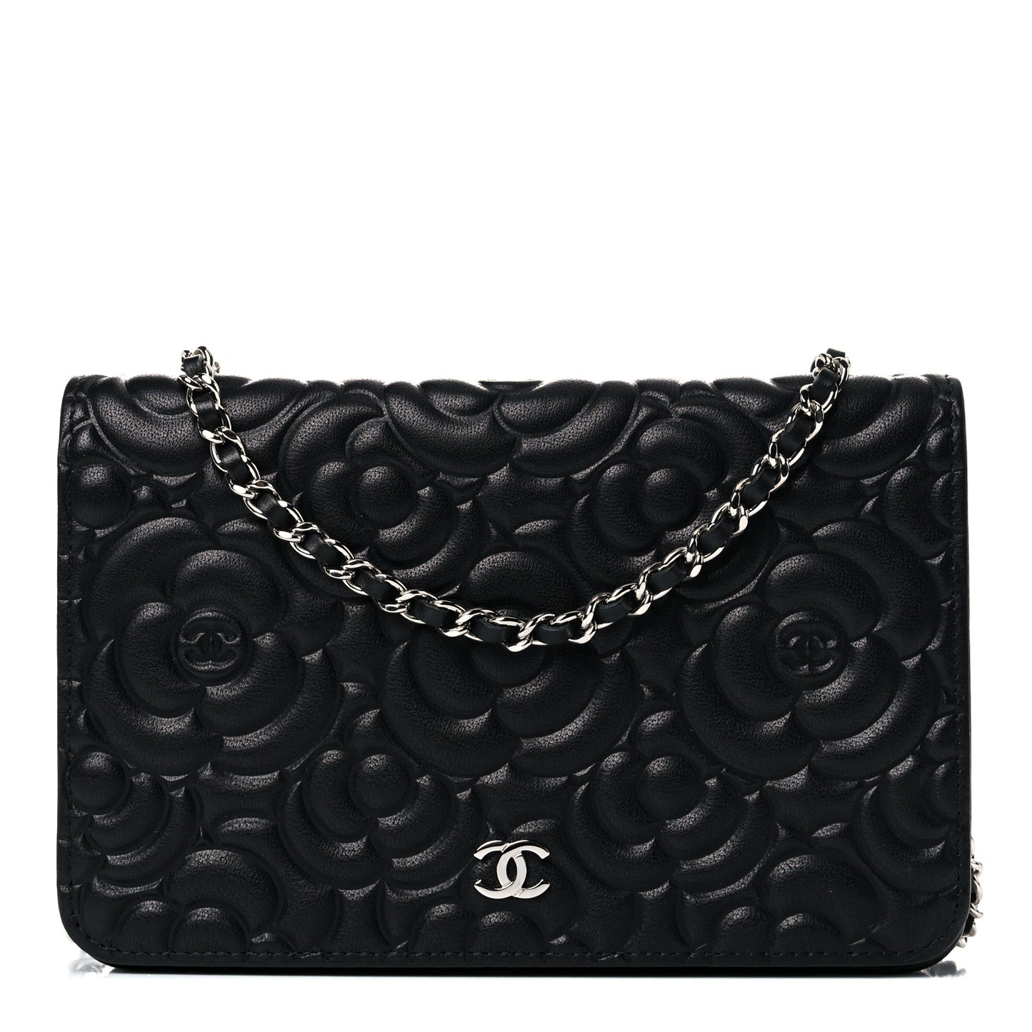 Lambskin Camellia Embossed Wallet on Chain WOC Black