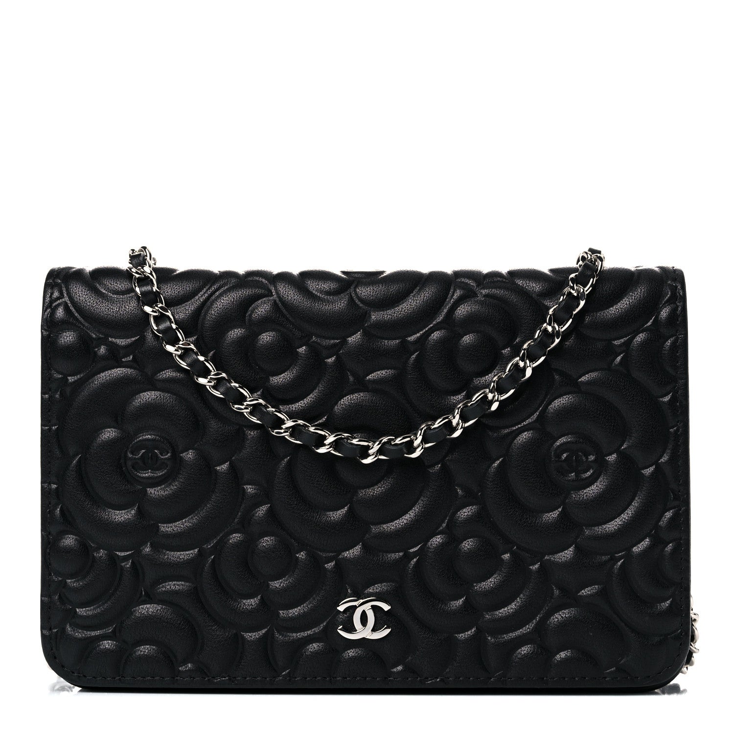 Chanel Lambskin Camellia Embossed Wallet on Chain WOC Black 1 of 14