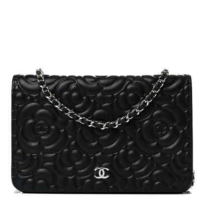 Chanel Lambskin Camellia Embossed Wallet on Chain WOC Black 1 of 14