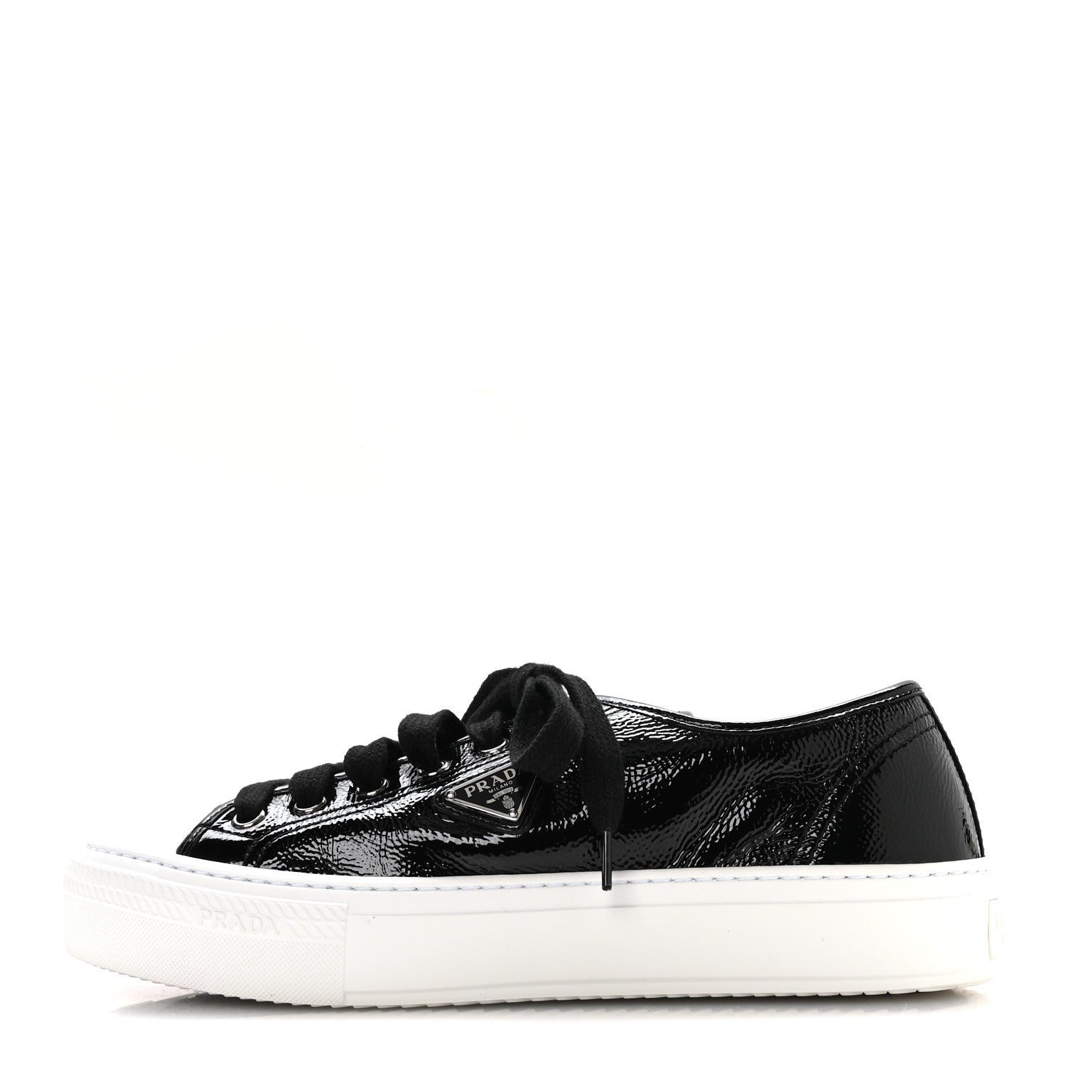 Prada Patent Naplak Triangle Logo Womens Low Top Sneakers 39.5 Black White 1 of 8