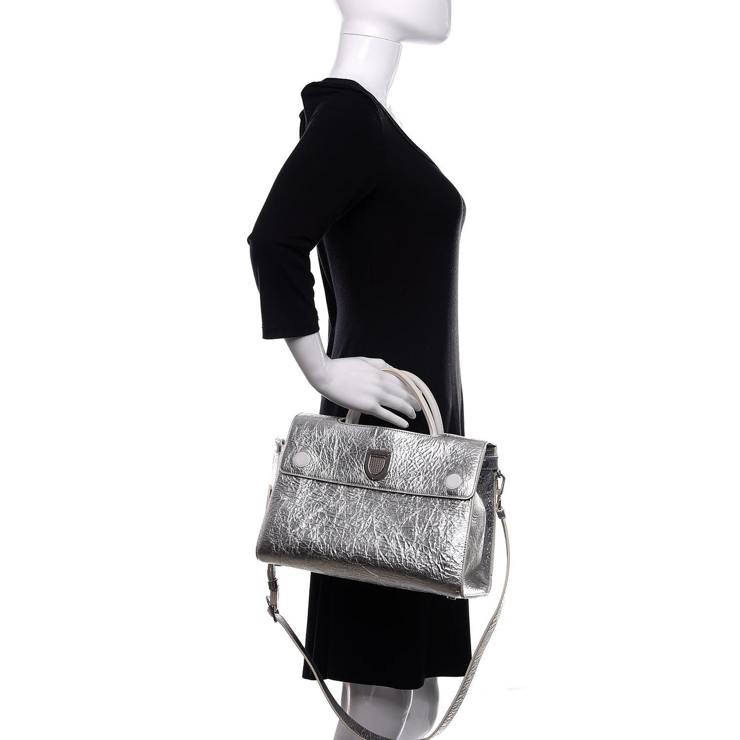 Metallic Calfskin Medium Diorever Flap Silver