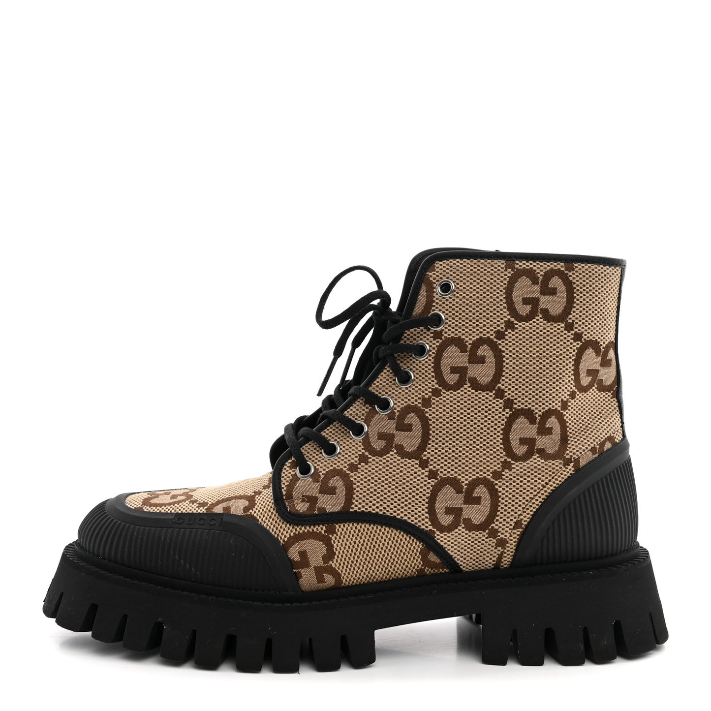 Monogram Jumbo GG Miro Soft Calfskin Mens Lace Up Combat Boots 8 Camel Ebony Black