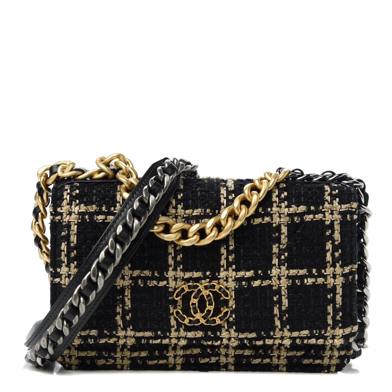 Chanel Tweed Quilted Chanel 19 Wallet On Chain WOC Black Beige 1 of 11