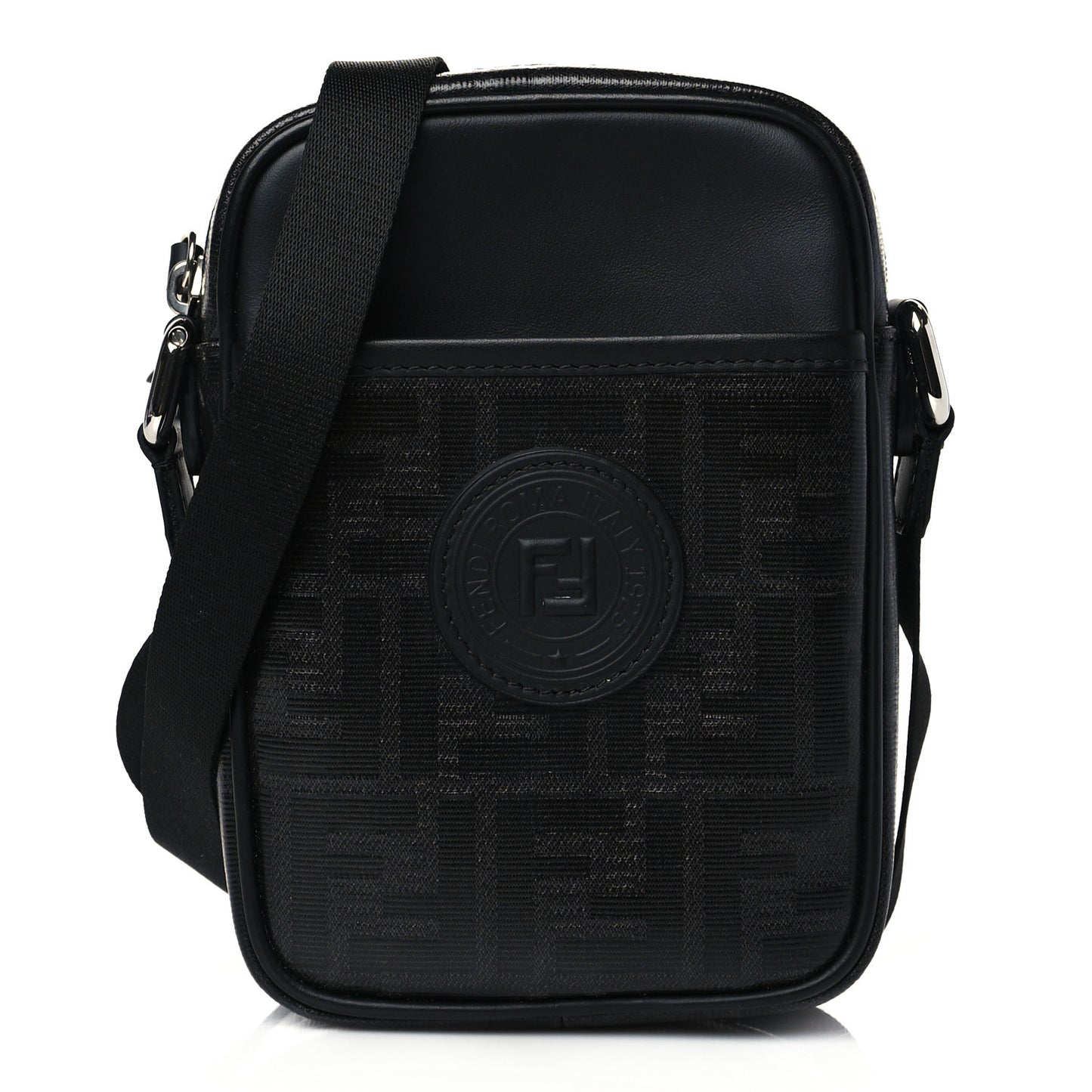 Glazed Fabric Vitello Century FF 1974 Stamp Patch Small Crossbody Messenger Black
