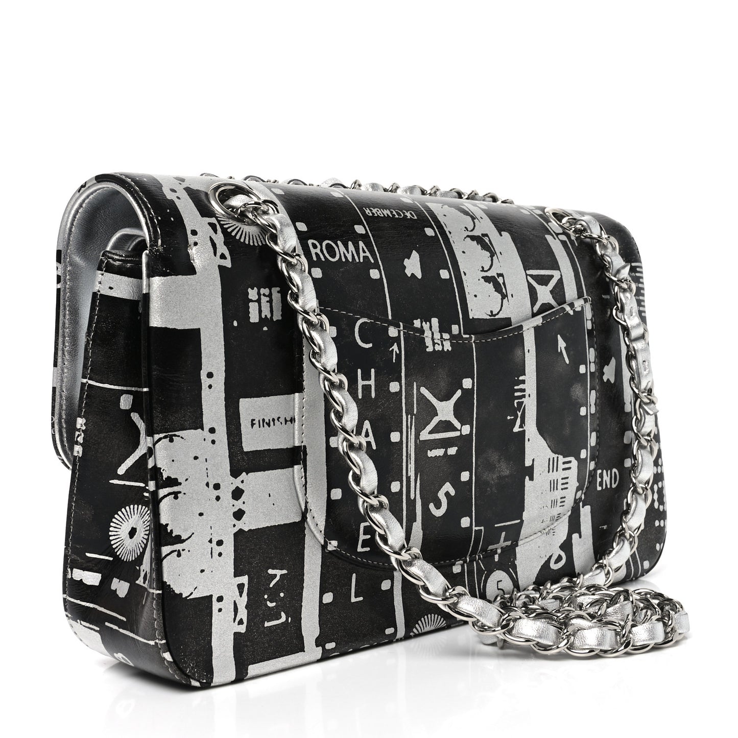 Lambskin Graffiti Printed Medium Double Flap Black Silver