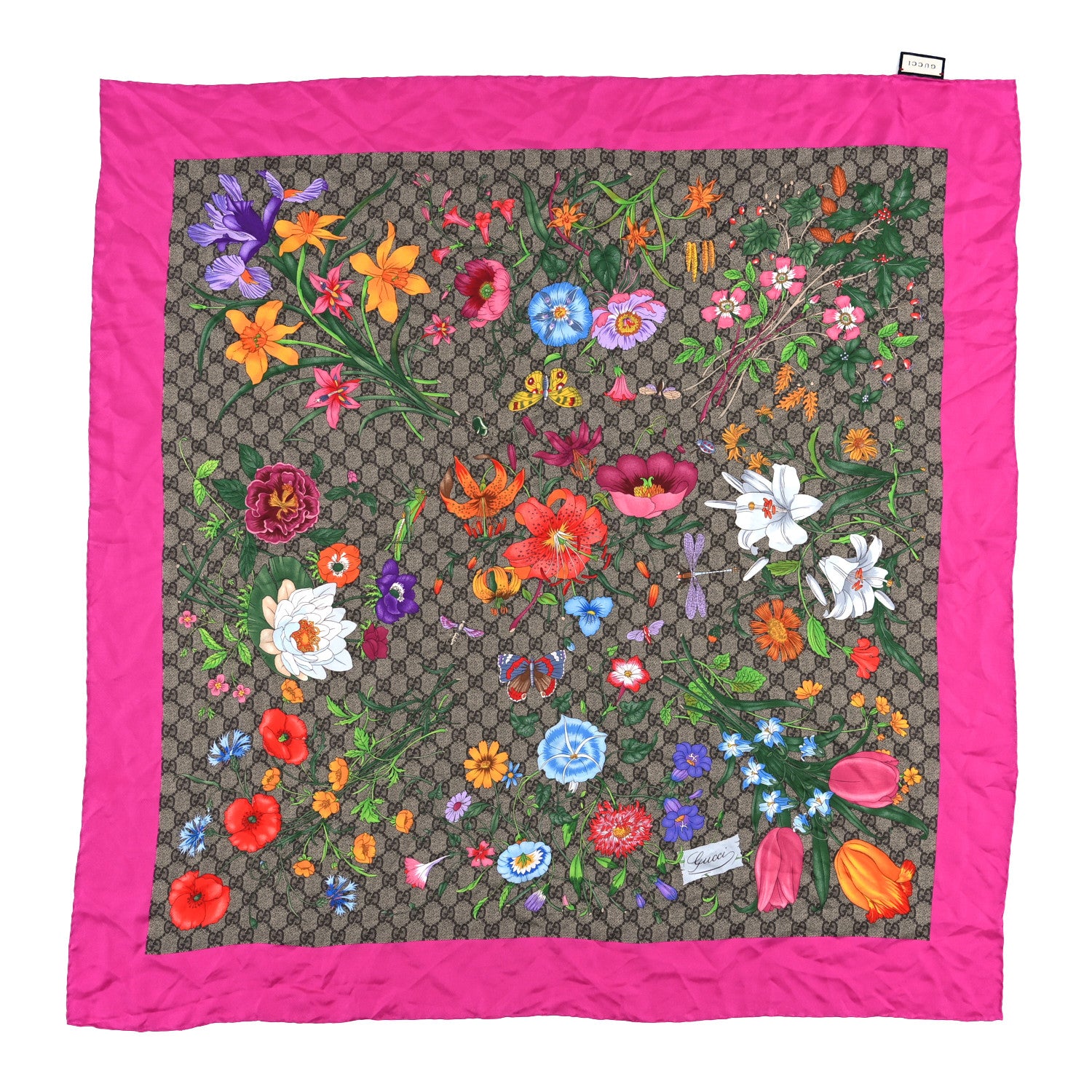 Gucci Silk Twill GG Monogram Flora Fluo GG Square Scarf Beige Pink 1 of 4