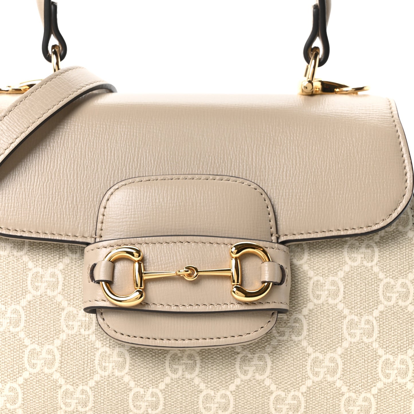 GG Supreme Monogram Azalea Calfskin Mini Horsebit 1955 Top Handle Flap Bag Beige Mystic White Oatmeal