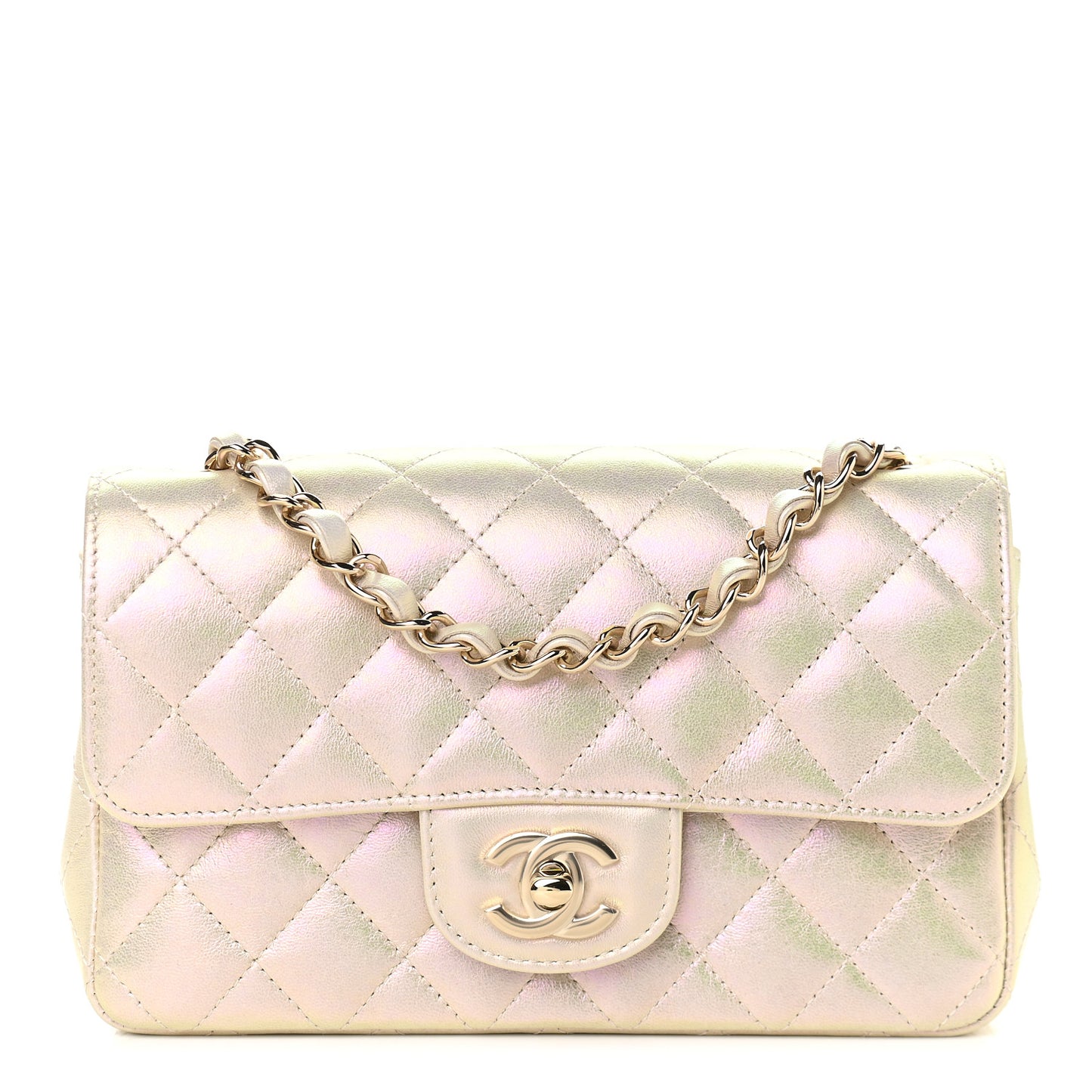 Iridescent Lambskin Quilted Mini Rectangular Flap Ivory
