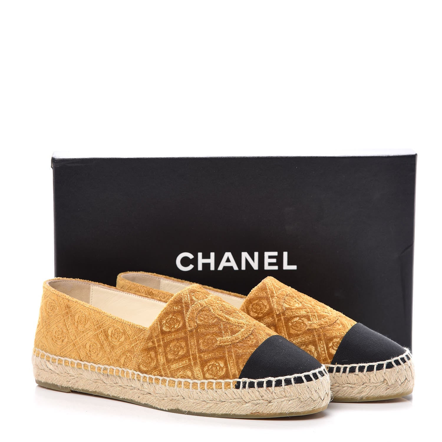 Chanel Velvet Grosgrain Quilted Camellia CC Espadrilles 38 Gold Black 11 of 11