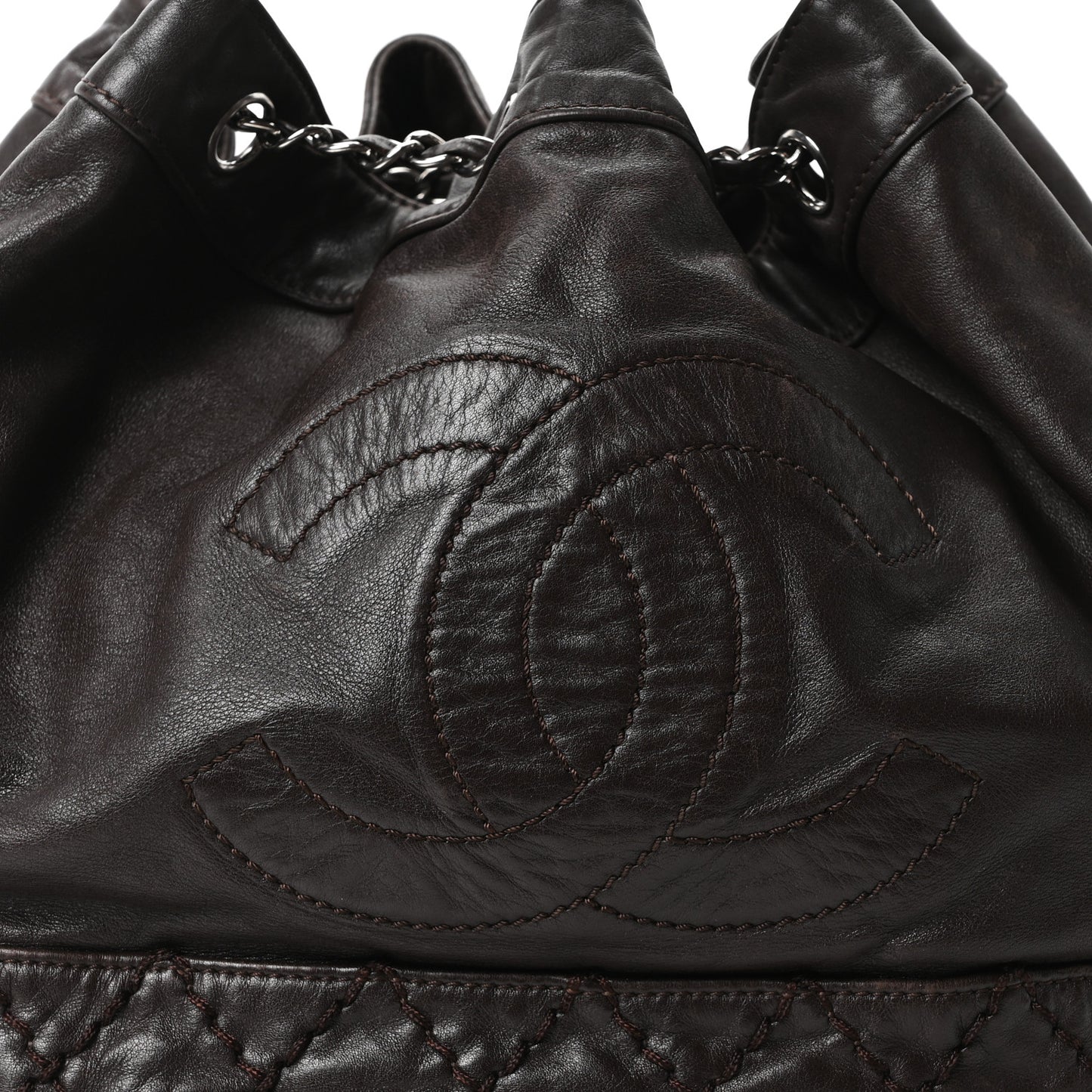 Calfskin Drawstring CC Bucket Bag Dark Brown