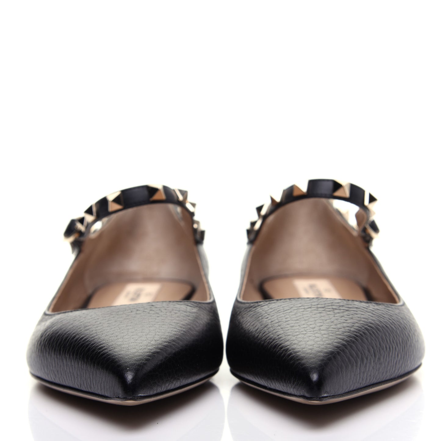 Pebbled Calfskin Rockstud Ankle Strap Ballerina Flats 38 Black