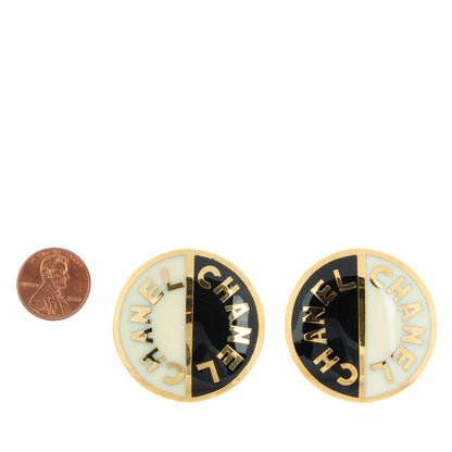 Chanel Enamel Logo Clip On Disc Earrings Black Gold 2 of 6