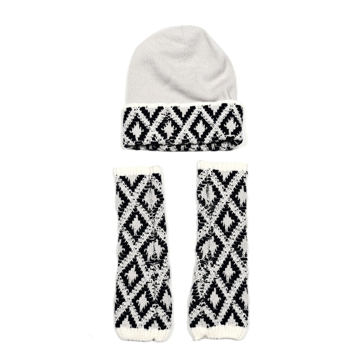 Cashmere Blend CC Beanie Hat With Gloves Set White Navy Blue