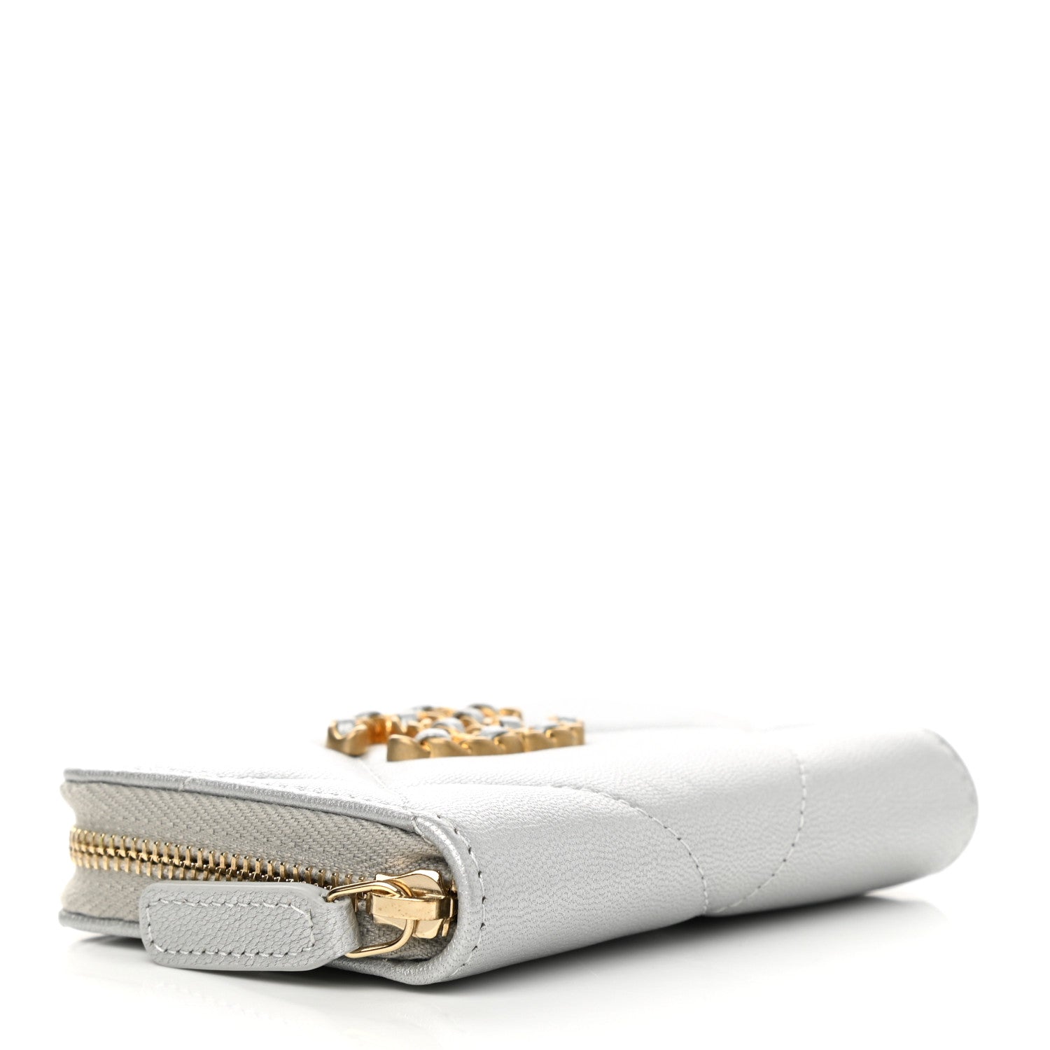 Chanel Metallic Goatskin Quilted Chanel 19 Zip Around Coin Purse Wallet Silver 6 of 15