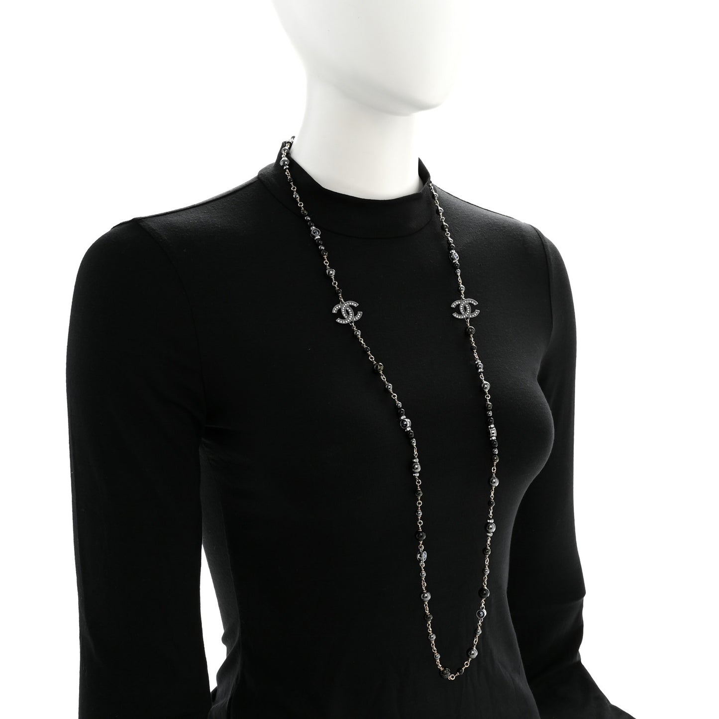 Pearl Bead Crystal CC Long Necklace Black Gold