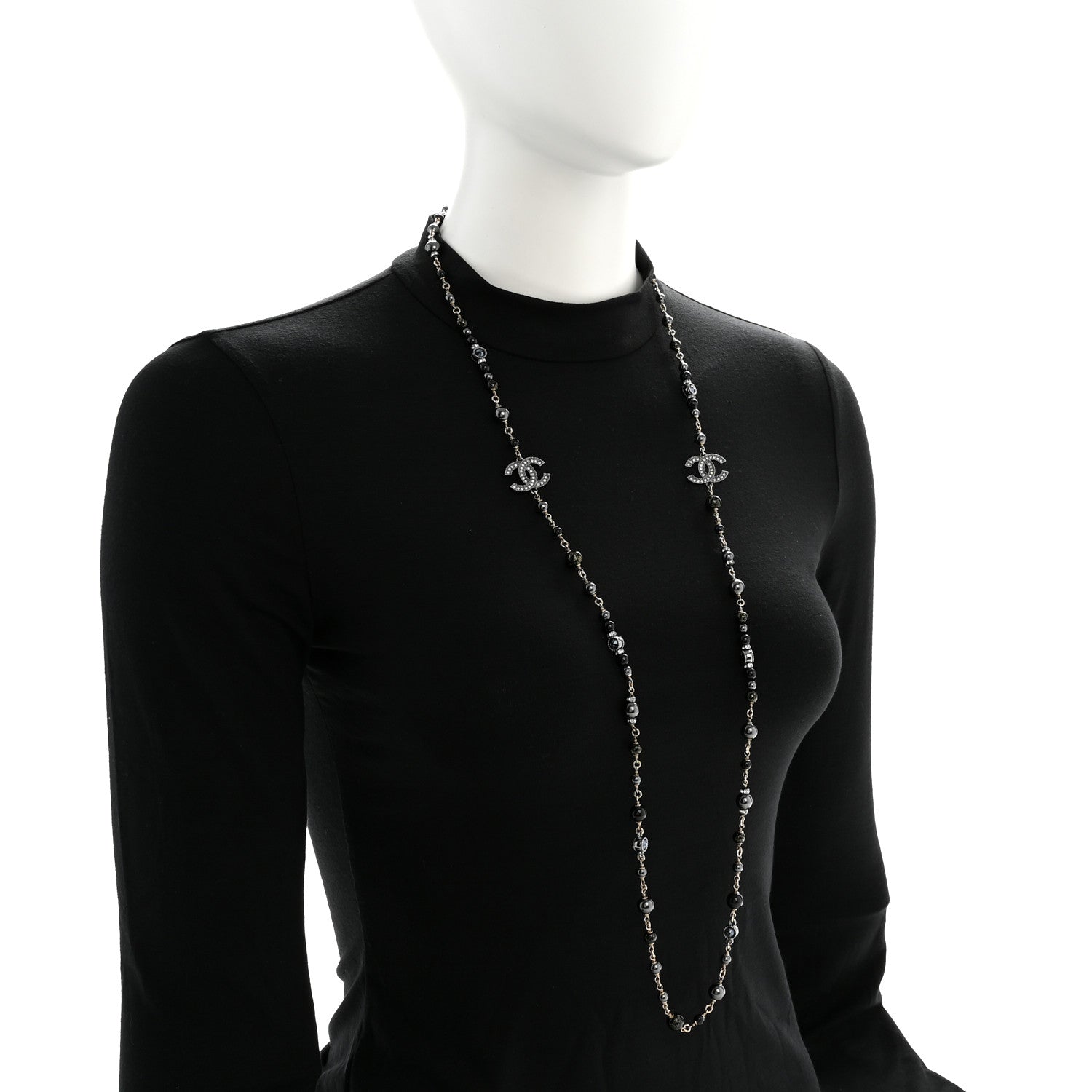 Chanel Pearl Bead Crystal CC Long Necklace Black Gold 2 of 6