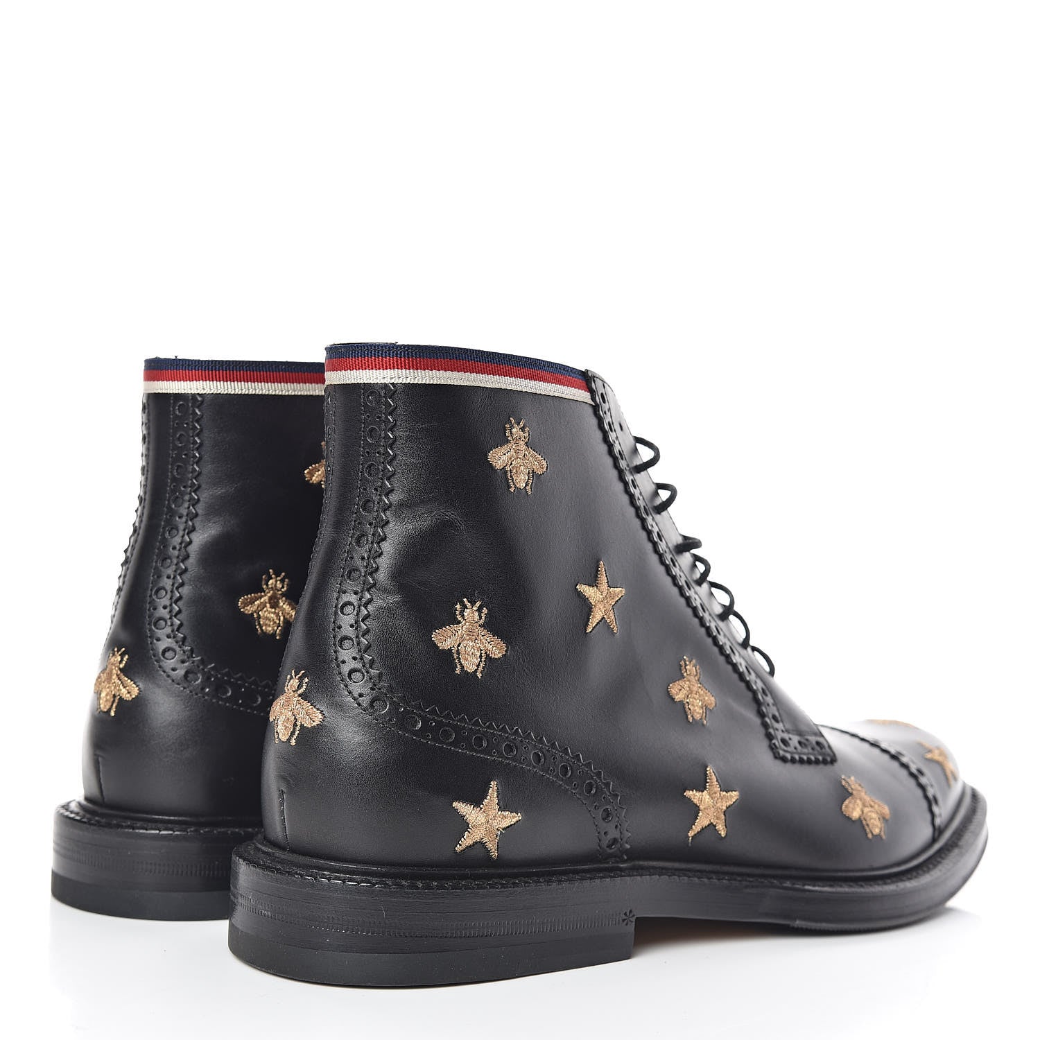 Gucci Calfskin Sylvie Web Bee Star Embroidered Mens Brogue Captoe Boots 7.5 Black 4 of 10