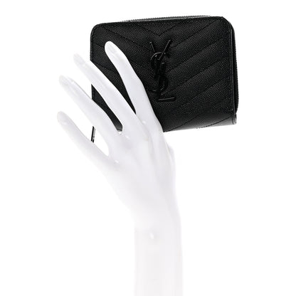 Saint Laurent Grain De Poudre Matelasse Chevron Monogram Monochrome Compact Zip Around Wallet Black 2 of 9