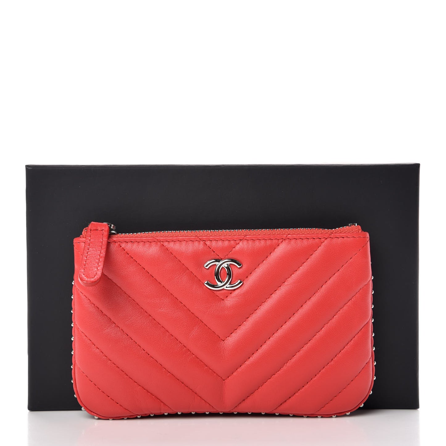 Lambskin Chevron Quilted Studded Small Cosmetic Case Red