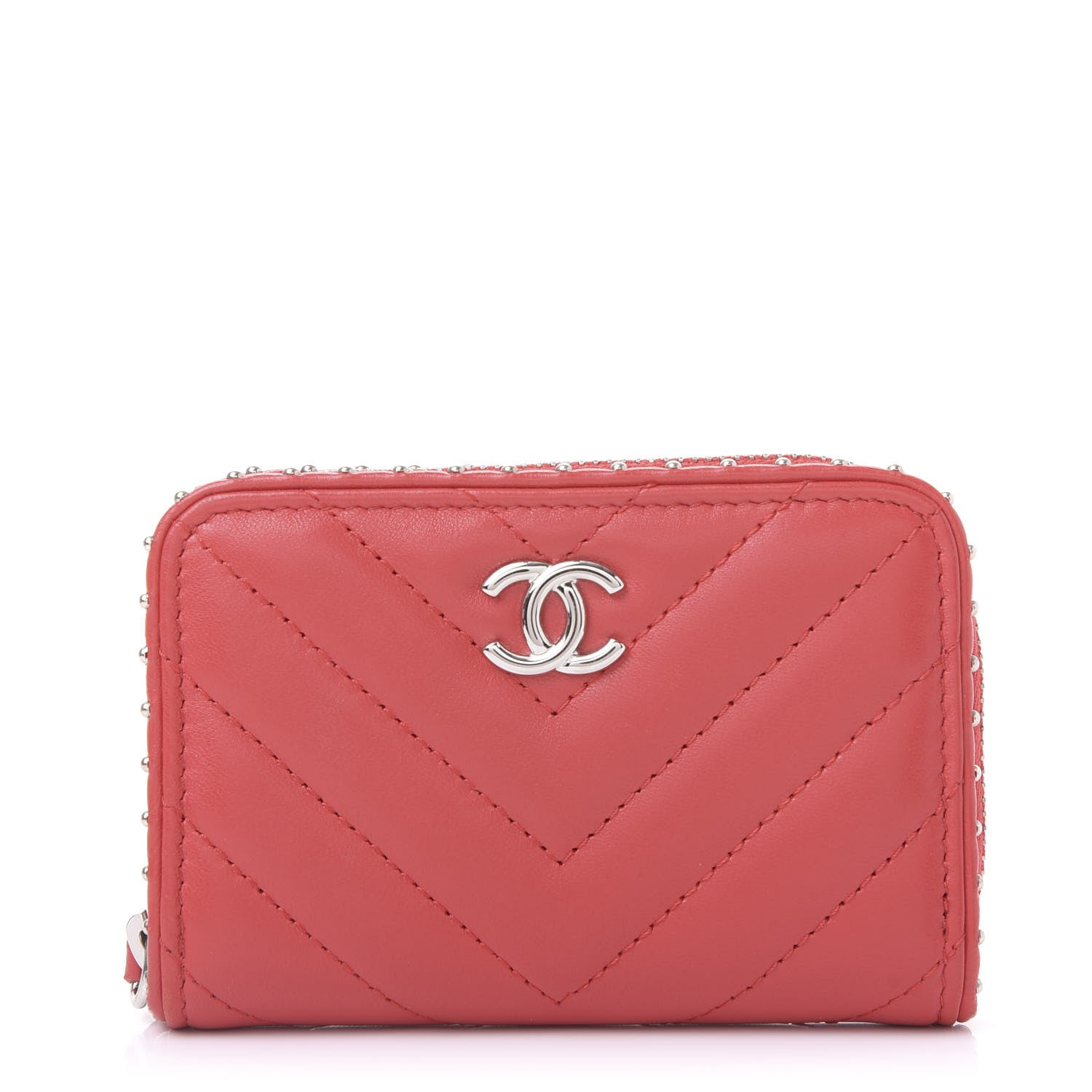 Chanel Lambskin Chevron Quilted Studded Zip Around Coin Purse Red 1 of 11