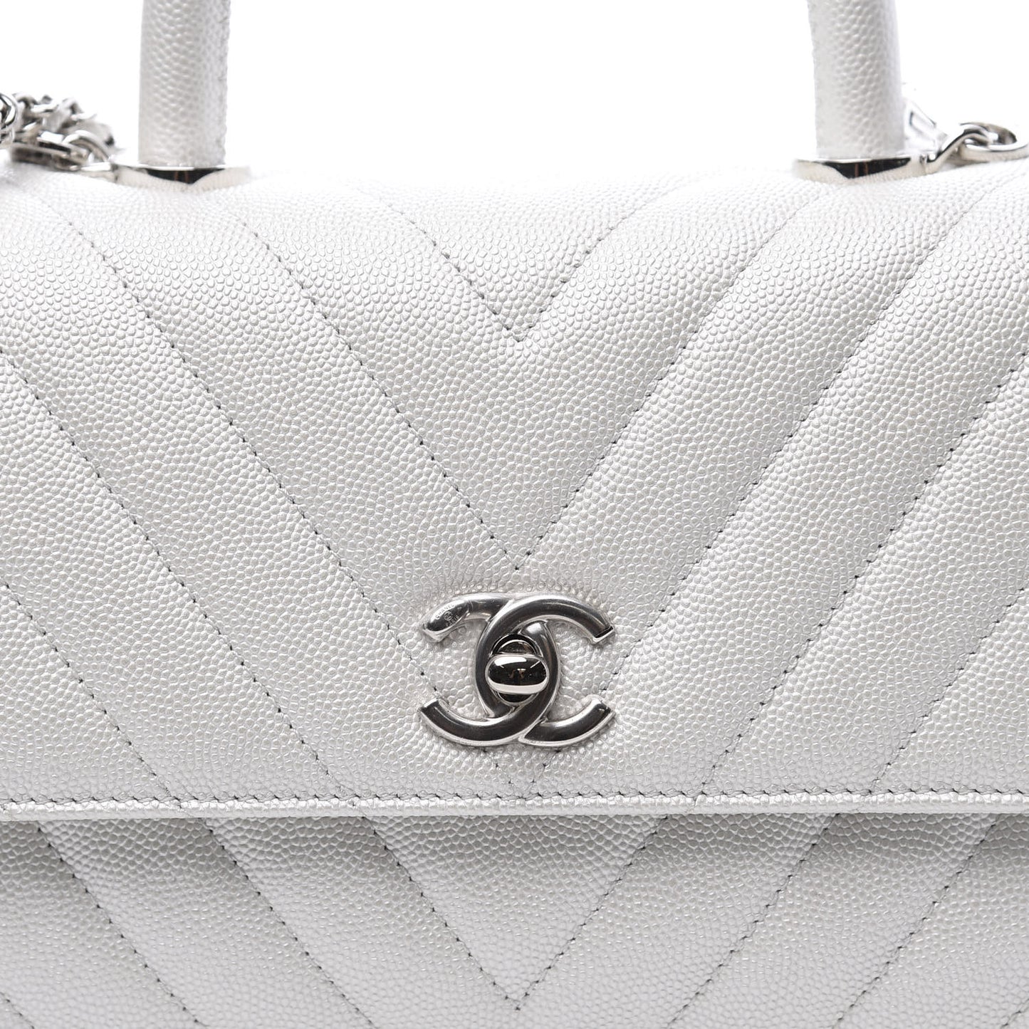Iridescent Caviar Chevron Quilted Mini Coco Handle Flap White