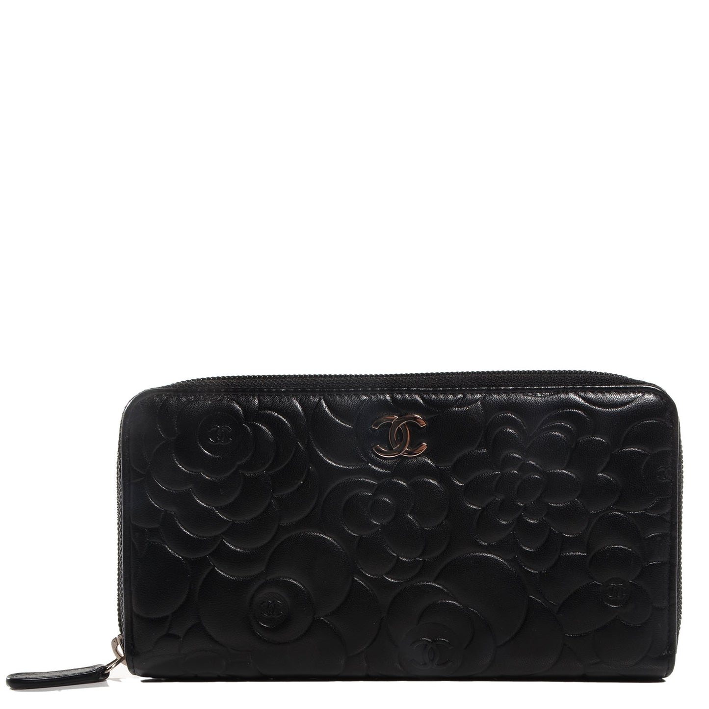 Lambskin Camellia Embossed Large Zip Around Gusset Wallet Black