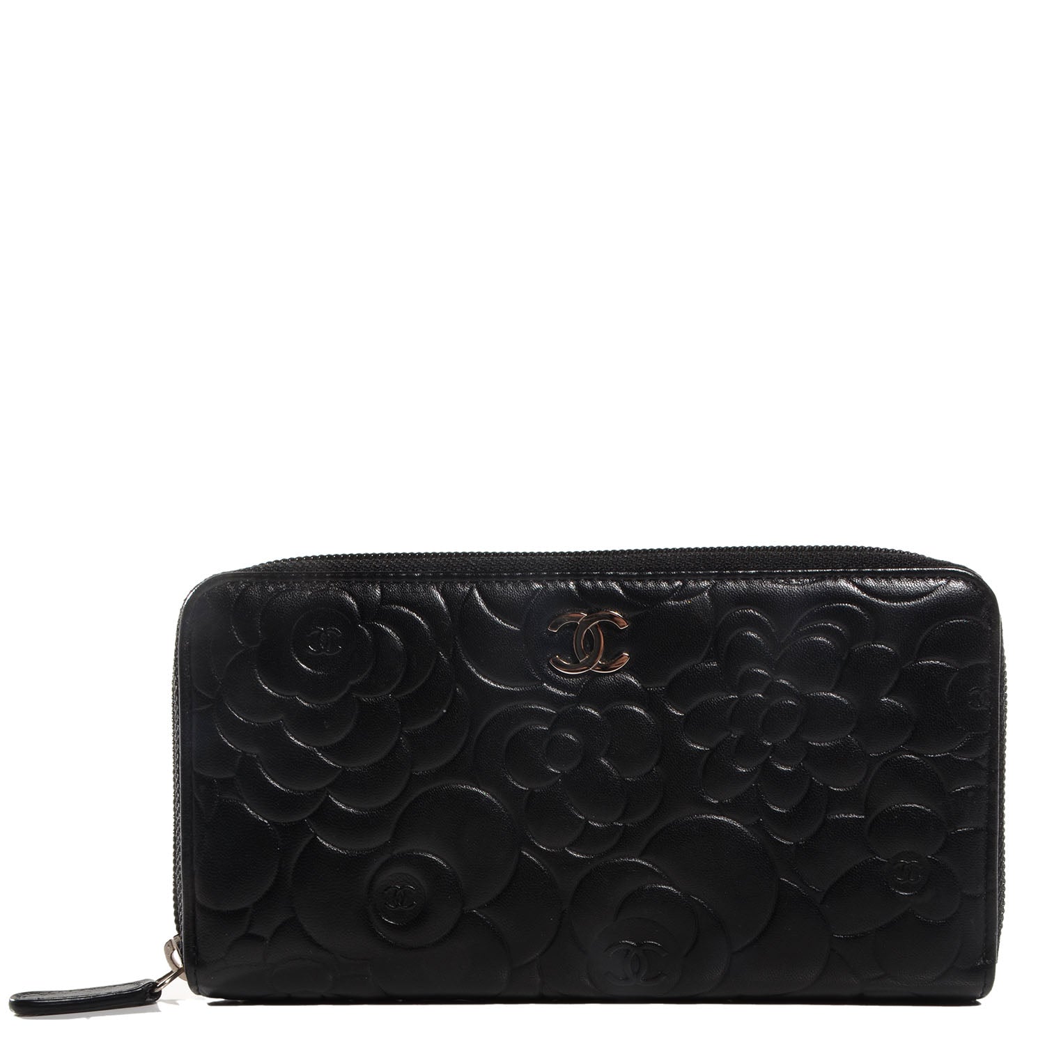 Chanel Lambskin Camellia Embossed Large Zip Around Gusset Wallet Black 1 of 9