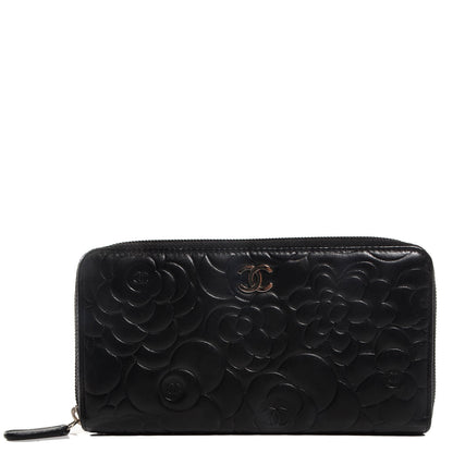 Chanel Lambskin Camellia Embossed Large Zip Around Gusset Wallet Black 1 of 9