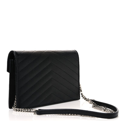 Saint Laurent Grain De Poudre Matelasse Chevron Monogram Envelope Chain Wallet Black 3 of 10