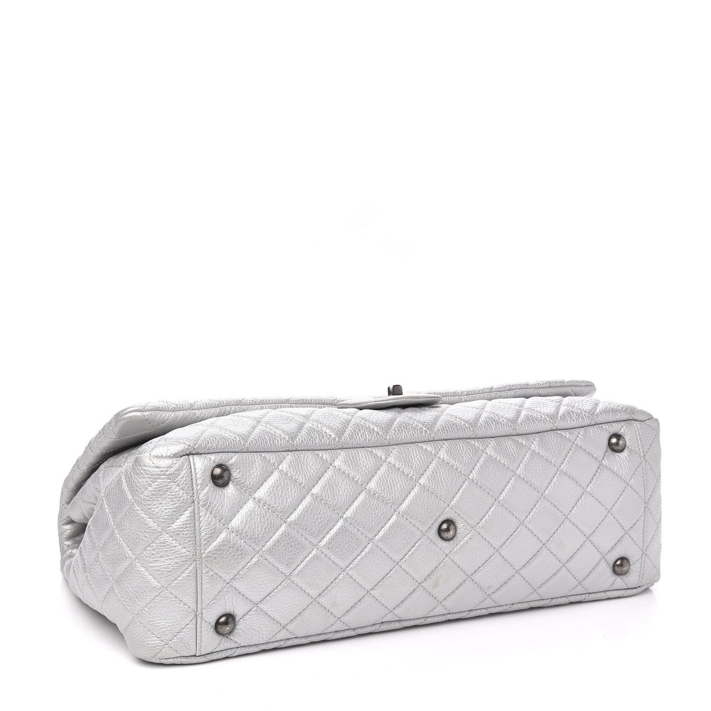 Metallic Calfskin Quilted XXL Travel Flap Bag Silver