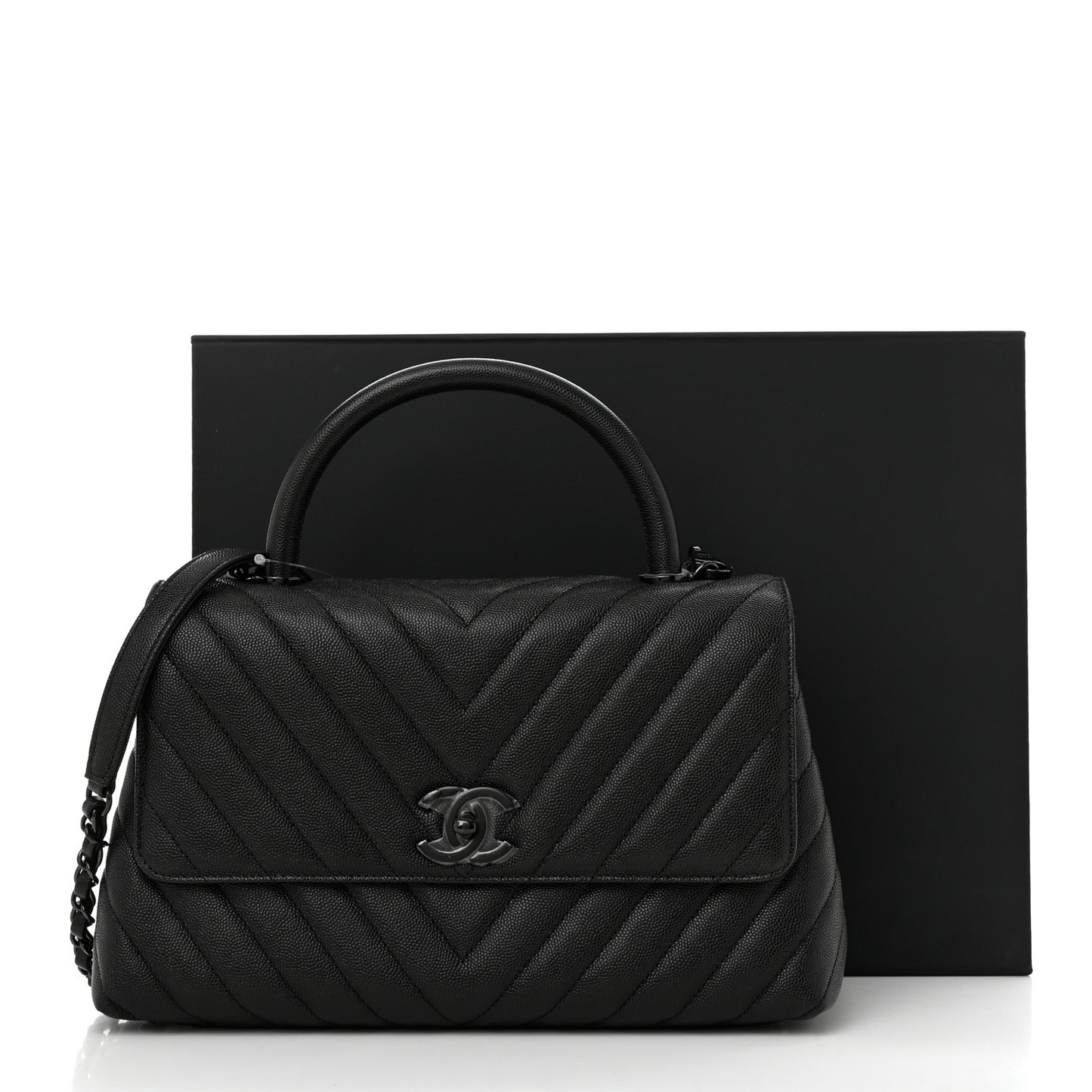 Caviar Chevron Quilted Small Coco Handle Flap So Black