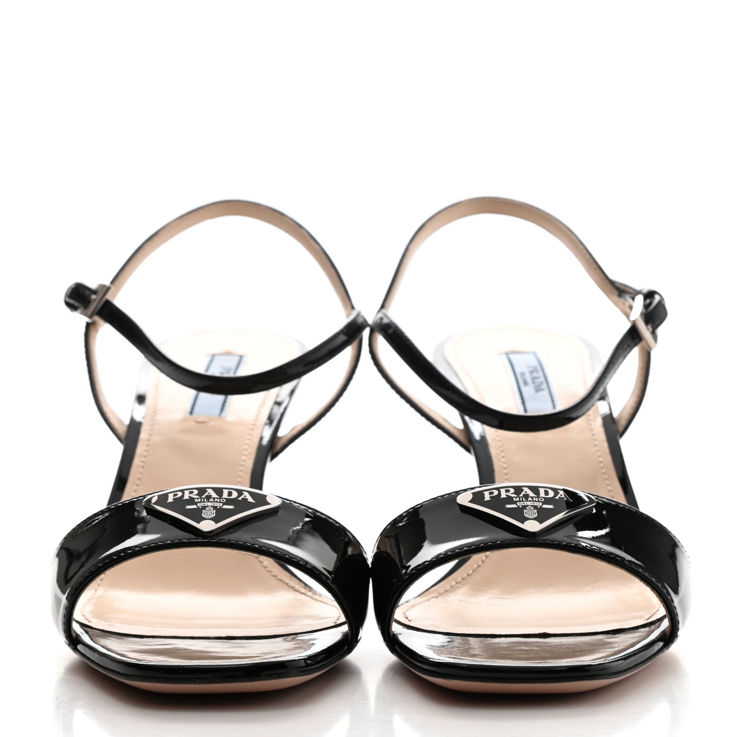 Vernice Metal Triangle Logo Open Toe 65mm Sandals 39.5 Black